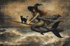 MERMAID WITCH AND CAT ART PRINT, Halloween Poster, Fantasy Witchy Siren Decor