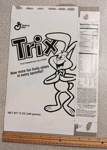 Caja de cereales Trix 1995 Test Marketing blanco liso con contorno negro conejo raro - Imagen 7 de 7