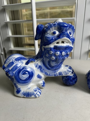 Vintage Mid Century 1960s Foo Dogs Pair Blue & White - Picture 16 of 16