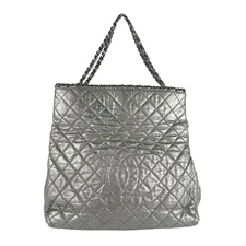 Auth CHANEL Chain Handbag Tote Bga Metallic Gray Leather/Metal - z7602