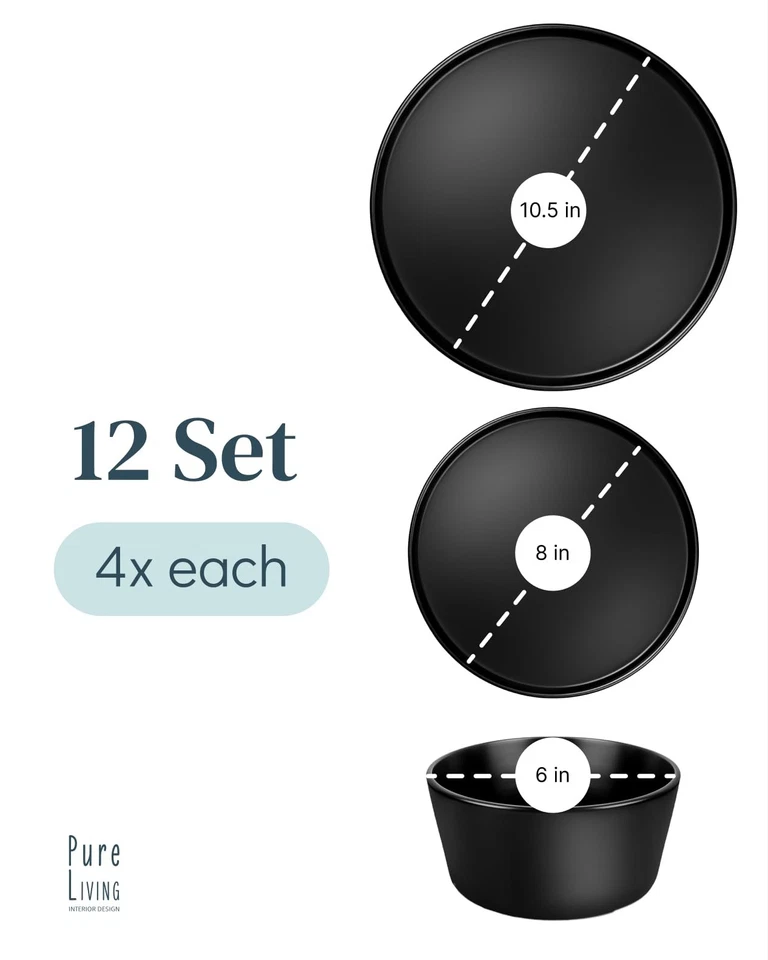 Juego de vajilla de gres 4 personas 12 piezas - Juego de platos y cuencos negro mate... Foto 3 de 4