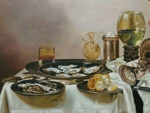 CLASSIC STILL LIFE SILVER, GLASSWARE & OYSTERS on TABLE ORIG O/C MYSTERY ARTIST - Picture 4 of 11