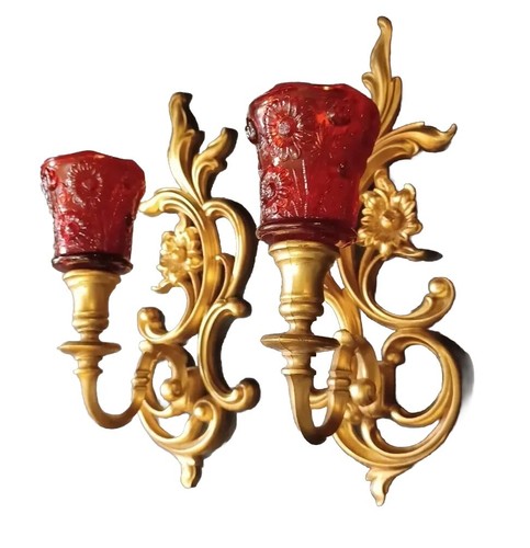 JUEGO VINTAGE 2 CANDELABROS DE PARED DORADOS FLOR ROJA VOTIVOS MEDIADOS DE SIGLO 13"  - Imagen 1 de 14