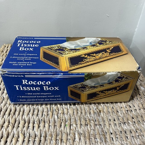 Vintage Chadwick Rococo Tissue box blue velvet gold trim elegant large NEW - Picture 2 of 8