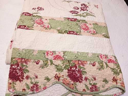 Pretty King Patchwork Quilt Rose Pink & Spring Green Flowers Embroidered Birds - Picture 2 of 20