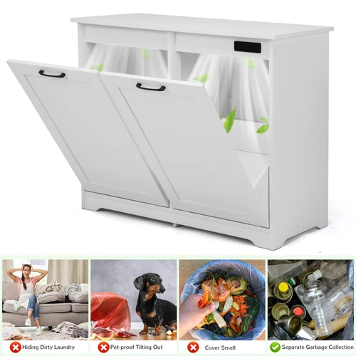 26 Gallon with Deodorizing Function Wood Double Tilt Out Trash Can Cabinet White - Picture 10 of 16
