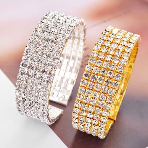 Women's 5 Rows Clear Rhinestone Wide Bracelet Cuff Open Bangle Bridal Jewelry 64 - Picture 2 of 9