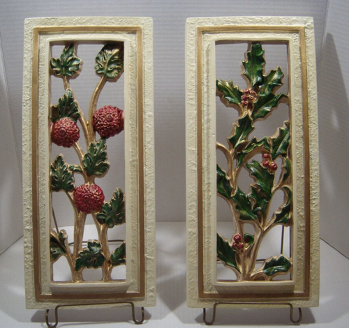 MCM 1950's-60's Wall Art Chalkware 2 Plaques HP Red Winter Berry & Red Floral - Picture 2 of 6