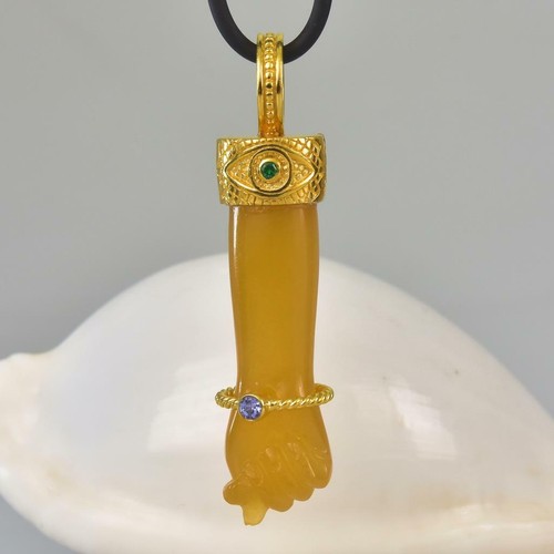 Pendente In Chalcedonio Con Smeraldo E Tanzanite In Oro Vermeil Sterling 12.61g - Foto 7 di 11