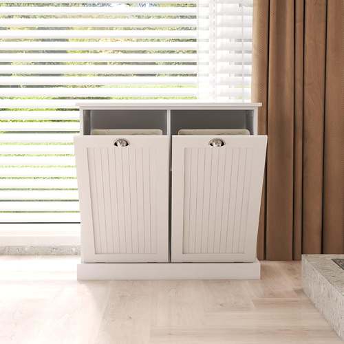 Double Tilt Out Trash Cabinet White Free Standing Laundry Sorter Cabinet with Re - Picture 6 of 7