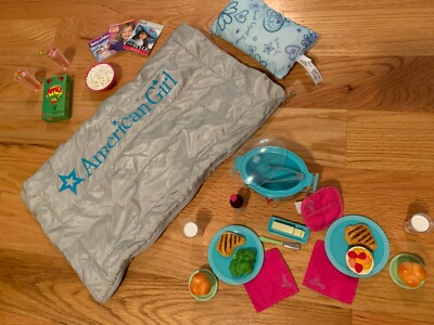 AMERICAN GIRL Cozy Sleepover Sleeping Bag Gray Silver Blue Rolls Up Retired