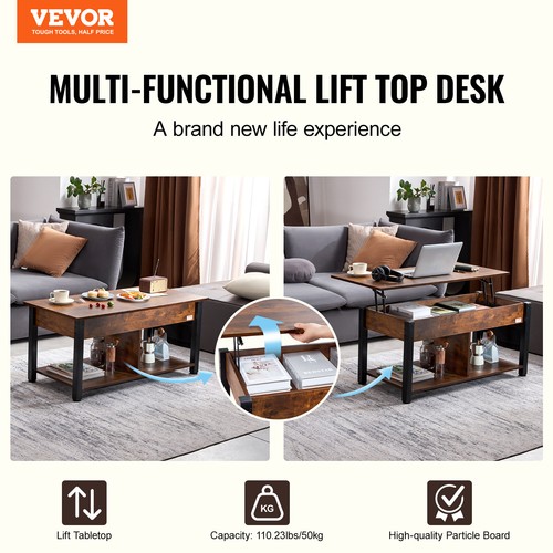 VEVOR Lift Top Coffee Table 41.7" Rectangle Coffee Table for Living Room Brown - Picture 2 of 12