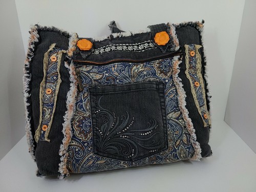 Upcycled Blue Jeans Purse with Quilting Shoulder Bag Buttons Pockets Fringe - Picture 3 of 12