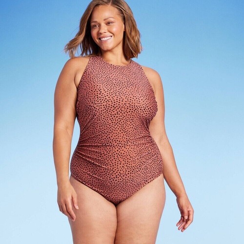 Women's Spotted Print High Neck Ruched High Coverage One Piece Swimsuit SZ 17