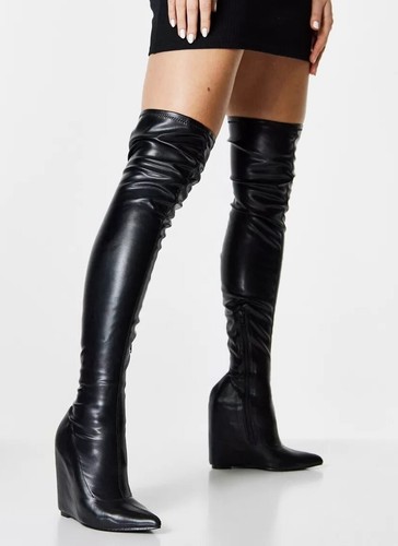 ASOS Design, Krissy black stretch PU Dominatrix 4.5" wedge OTK boots, SZ 6 - Picture 2 of 4