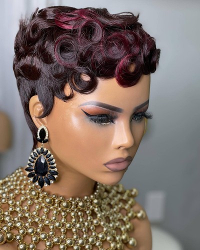 Kurze Pixie Cut Perücke für Damen 100% Echthaar Lockig Pixie Kurzhaarschnitt Perücken  - Bild 1 von 17