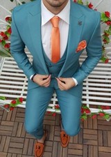 3 Piece Blue Men Slim Fit Suit Peak Lapel Prom Party Groom Tuxedo Wedding Suits