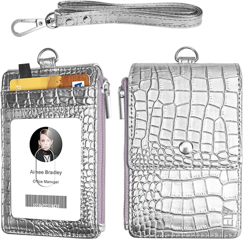 Holder Badge Leather Card with Lanyard Wallet Neck Case Vertical Strap Clip
