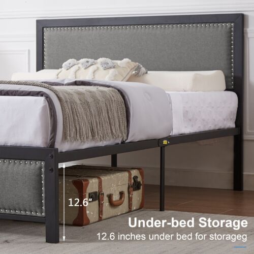 3Pcs Bedroom Set Upholstered Headboard Metal Platform Bed Frame + 2 Nightstands - Picture 7 of 41