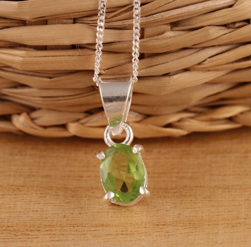 Natural Peridot Solid 925 Sterling Silver Oval Dainty Pendant Necklace Gift Box - Picture 4 of 7