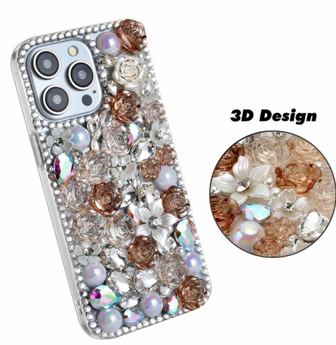 iPhone 15 Pro Max Luxury 3D Diamond Gem Pearl Rhinestone Case Pink Color - Picture 3 of 8