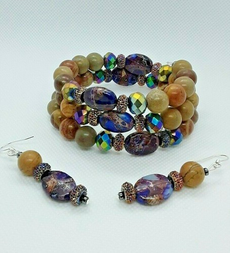Handmade Beaded Healing Bracelet and Earring Set Jasper Faceted Purple Rondelle - Picture 4 of 4