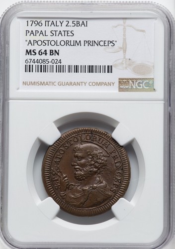 Italy - PAPAL STATES - 1796 Puis VI - 2 1/2 Baiocchi - NGC MS64 - Extremely Rare - Picture 1 of 2