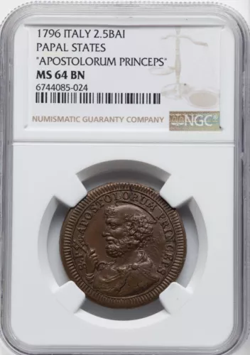 Italy - PAPAL STATES - 1796 Puis VI - 2 1/2 Baiocchi - NGC MS64 - Extremely Rare