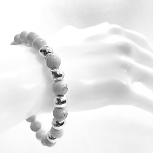 Silver with Natural White & Black Stone Bead Durable Stretchy Bracelet (6") - Picture 9 of 9