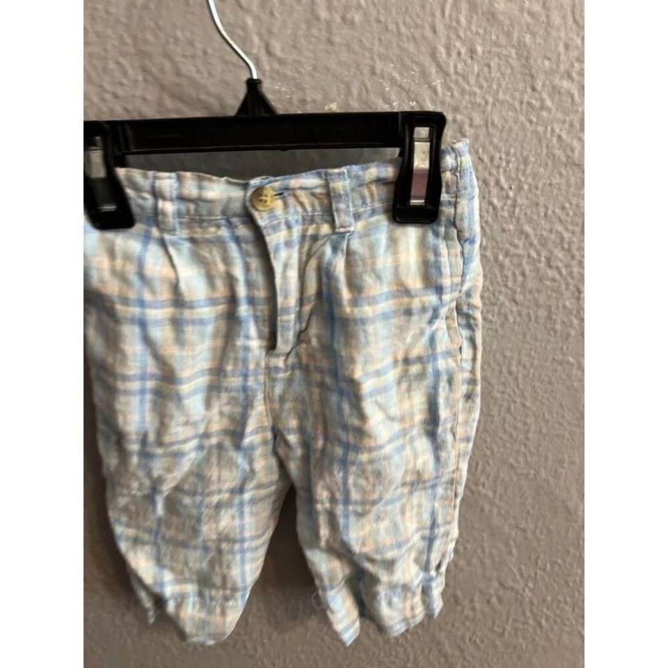 Boys children's place blue plaid linen pants size 6/9 months - Image 3 of 4