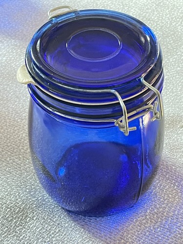 Cobalt Blue Glass Canister Hinged Wire Lid 5.75” Tall - Picture 5 of 11