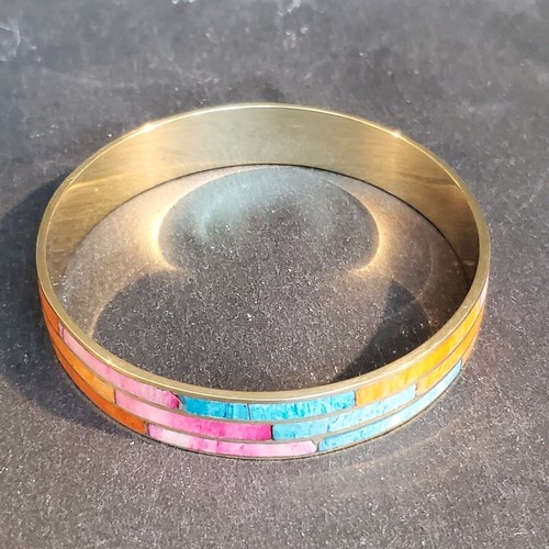 Geometric Orange Pink Blue Mother of Pearl Shell India Brass Bangle Bracelet - Picture 3 of 5
