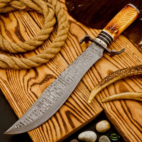 Cuchillo Bowie de Caza de Acero Damasco Hecho a Mano Personalizado 15" Raro con Funda de Cuero - Imagen 2 de 11