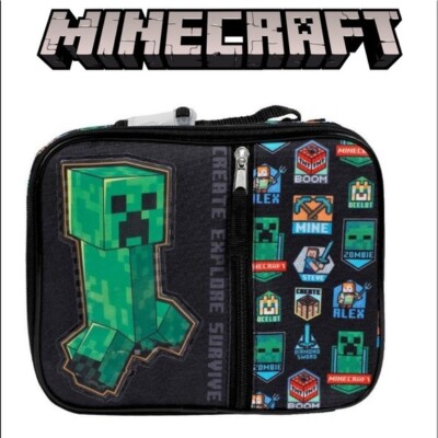 Licensed Bioworld MINECRAFT Black Green Creeper Insulated Square Lunch Box Bag