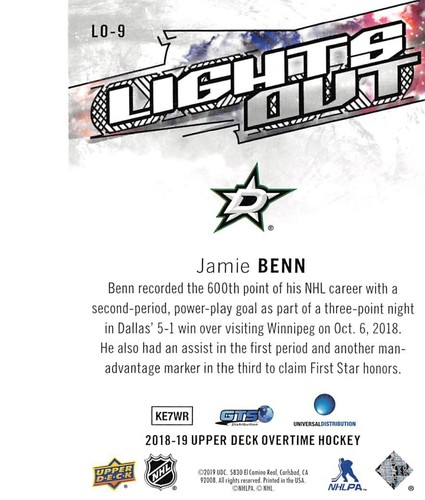 2018-19 Upper Deck Overtime Lights Out Red Rainbow #LO9 Jamie Benn /25 - Picture 2 of 2