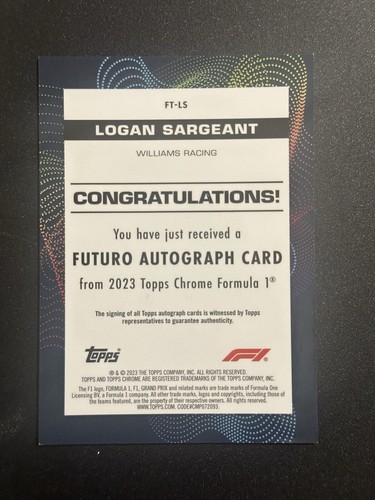 2023 Topps Chrome Formula1 -Futuro Autographs #FT-LS Logan Sargeant /50 - Picture 3 of 11