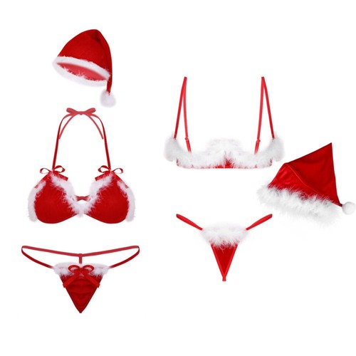 Womens Christmas Santa Babydolls Lingeries Feather Trim Bra Top with Hat Briefs - Picture 1 of 27