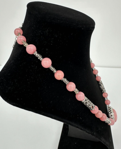 Vintage Art Deco Rose Quartz Beaded Silver Tone Filigree Statement Necklace - Picture 10 of 16
