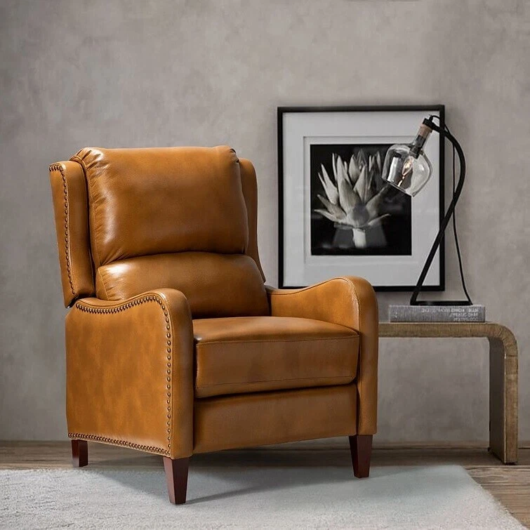 Camel Brown Top Grain Leather Pushback Recliner Club Chair