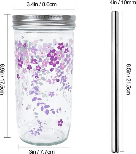 24 oz Floral Reusable Wide Mouth Mason Jar Cups With 2 Lids and Silver S 2 Pack - Picture 4 of 6