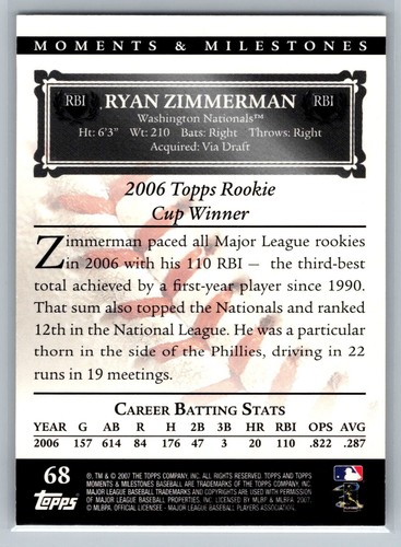 2007 Topps Moments & Milestones #68 Ryan Zimmerman 51/150 - Picture 2 of 2