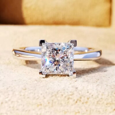 3CTW Princess Cut D Moissanite Solitaire Wedding Ring 14k White Gold Plated