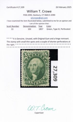 33, Mint OG 10¢ Nice Appearance - With WT Crowe Certificate $5750 - Stuart Katz - Picture 2 of 2