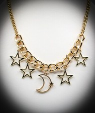 Gold Tone Chain Necklace Featuring Moon and Stars Charms