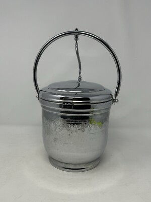 Vtg Ice Bucket United Chromium On Solid Brass w/ Ice Tong Pop Up Lid 1960 s GUC