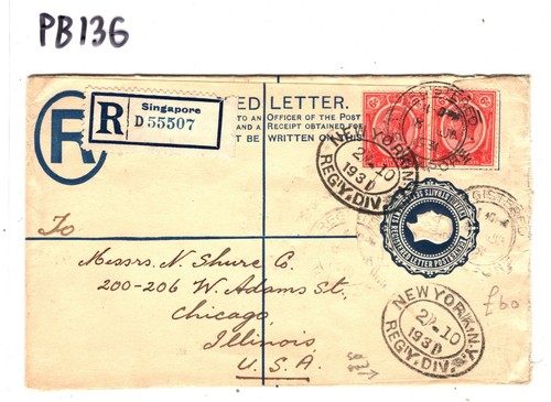 SINGAPORE KGV Cover Commercial Mail Registered USA New York 1930 PB135 - Picture 4 of 6