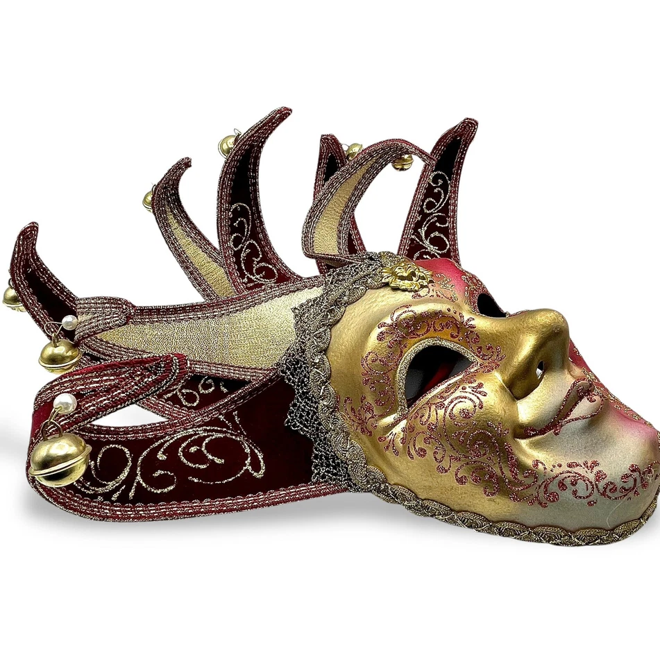 Venetian JESTER MASK LEO Gentleman Mardi Gras Masquerade Red Gold Lion Italy - Image 2 of 4