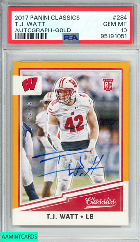 2017 PANINI CLASSICS T.J. WATT #284 AUTOGRAPH GOLD 19 OF 49 ROOKIE RC PSA 10 - Picture 1 of 3