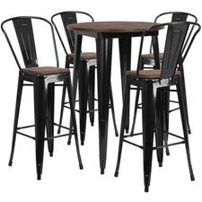 30" Black Metal Bar Height Restaurant Table Set Walnut Wood Top and 4 Barstools