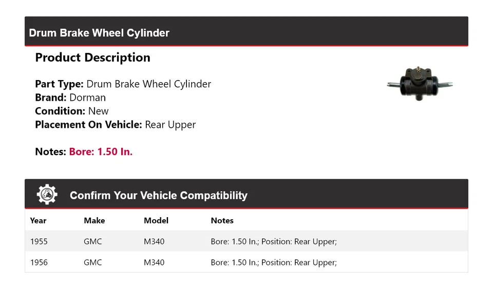 Cilindro de rueda de freno de tambor Dorman 1955-1956 GMC M340 parte superior trasera Foto 2 de 3